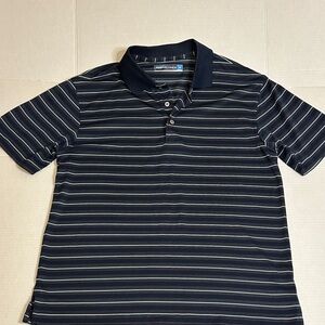Roundtree & Yorke Sz Med Performance Polo with Navy and White Stripes